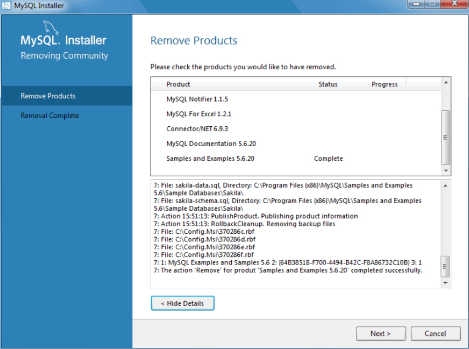 MySQL Installer - 상품 삭제 : 실행