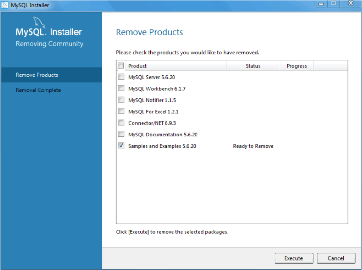 MySQL Installer - 상품 삭제 : 선택