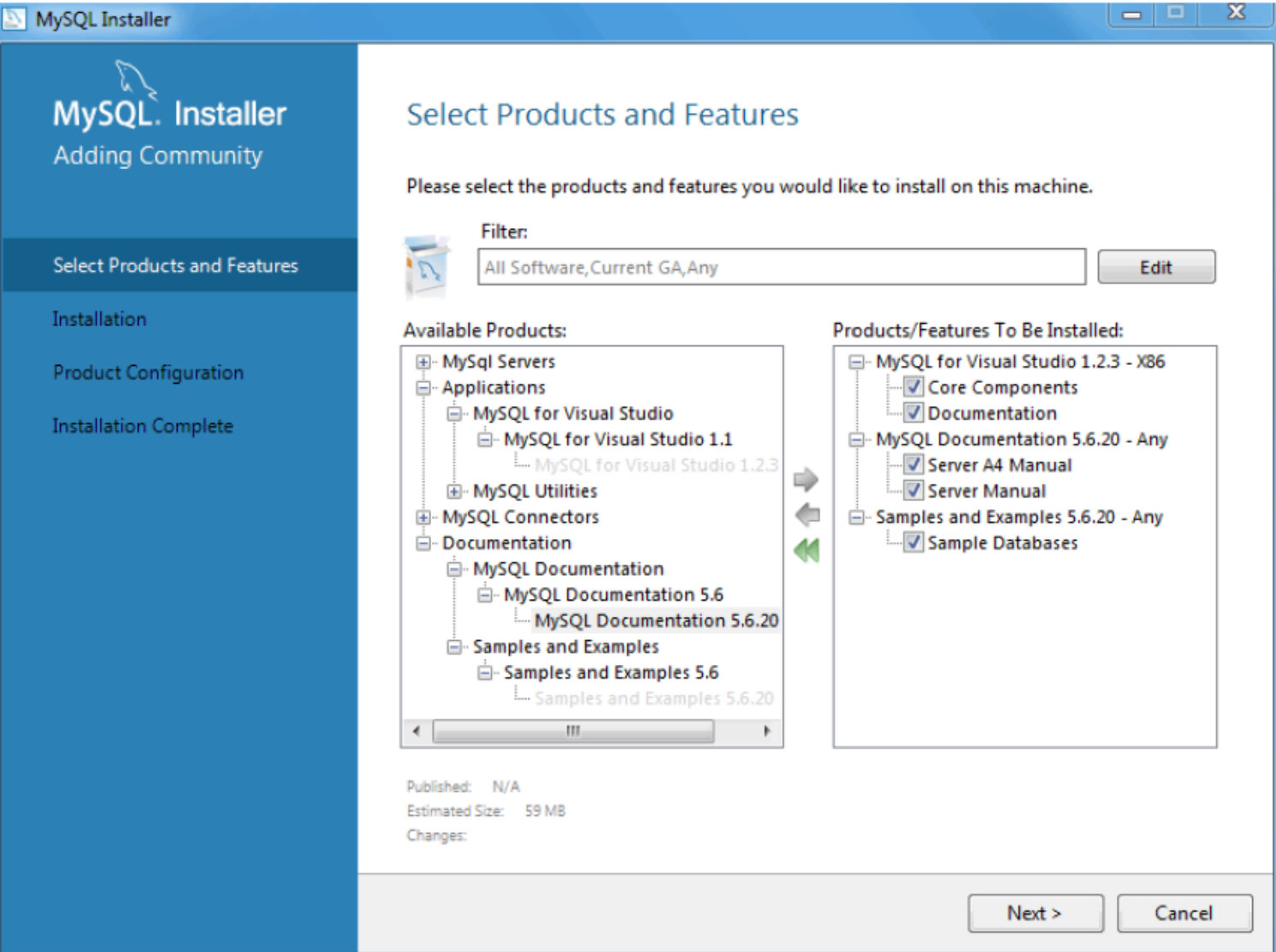 MySQL Installer - 제품 및 기능 선택