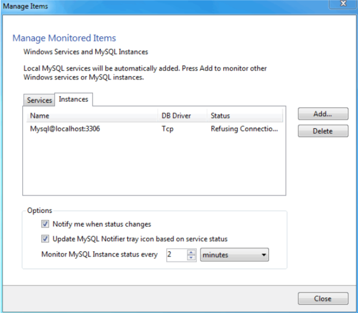 MySQL Notifier Manage Instances 메뉴