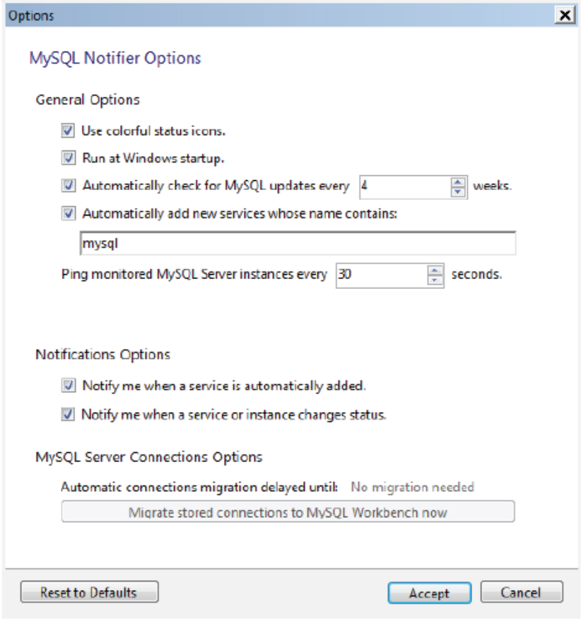 MySQL Notifier Options 메뉴