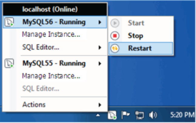 MySQL Notifier Service Instance 메뉴